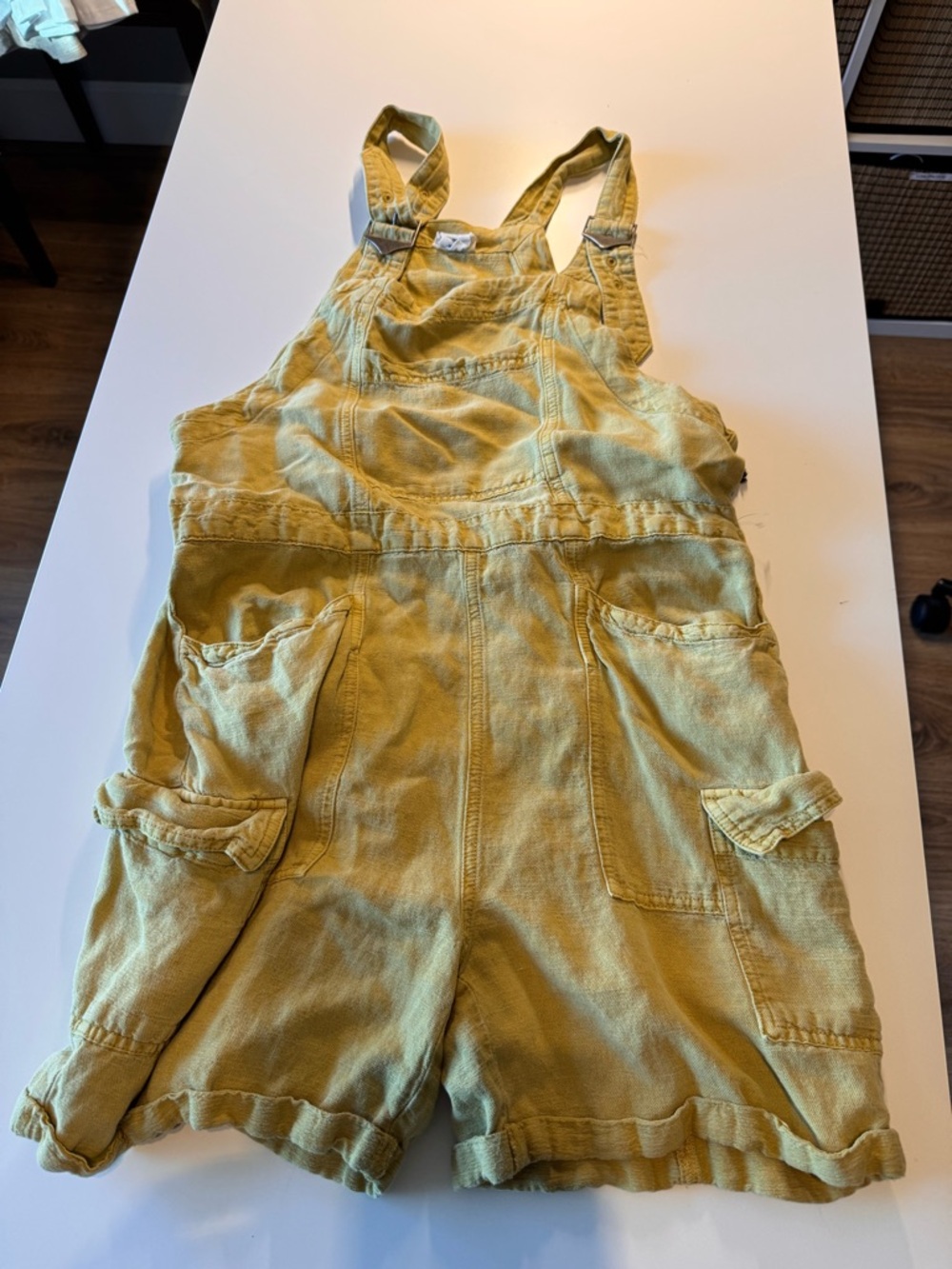 Nicole Miller Yellow Linen-Blend Short Overalls